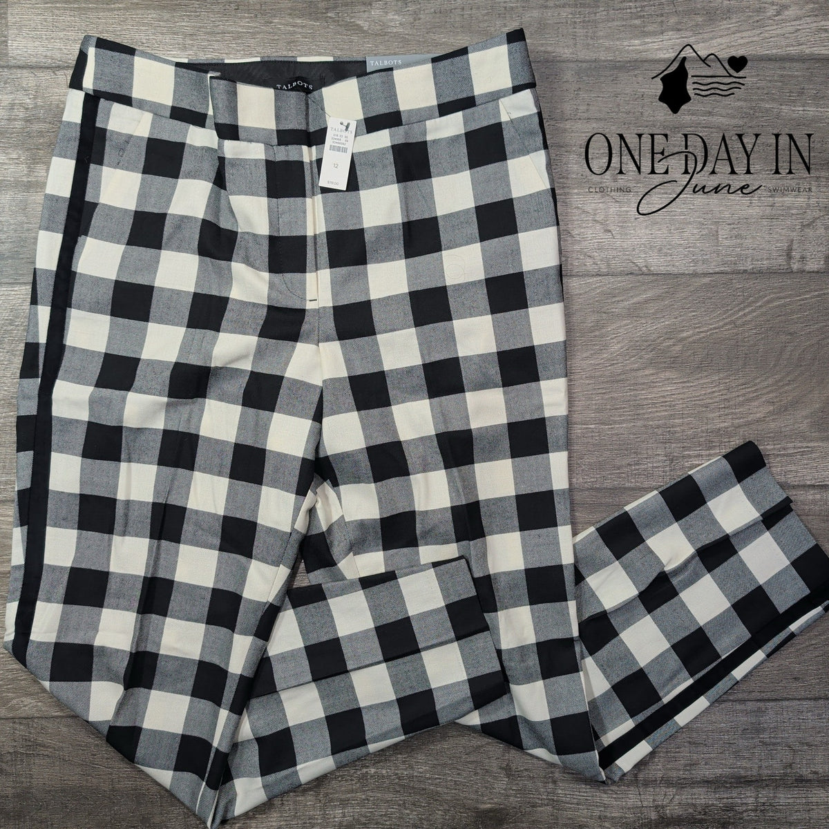 Talbots Hampshire Ankle Pants Black White Buffalo Plaid Straight Leg NWT Size 12