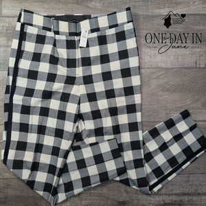 Talbots Hampshire Ankle Pants Black White Buffalo Plaid Straight Leg NWT Size 12