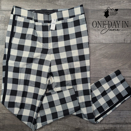 Talbots Hampshire Ankle Pants Black White Buffalo Plaid Straight Leg NWT Size 12