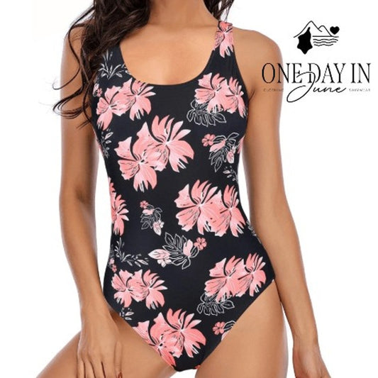 Zando Floral Cross Back One Piece Swimsuit Black Pink Tropical Size S