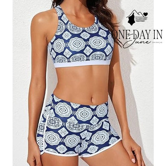 Aleumdr 3 Piece Tankini Swimsuit Navy Blue Print Boyshorts NWT Size XL