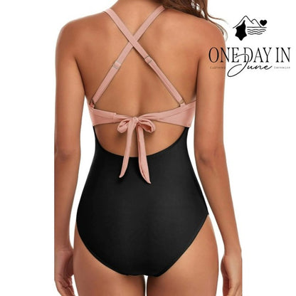 Eomenie Cross Front Cutout One Piece Swimsuit Pink Black NWT Size M