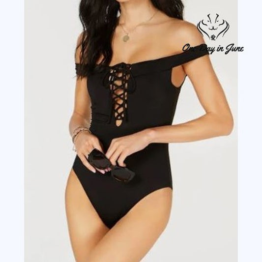 Bar III Off Shoulder Lace Up Front Core Solids One Piece Swimsuit Size M