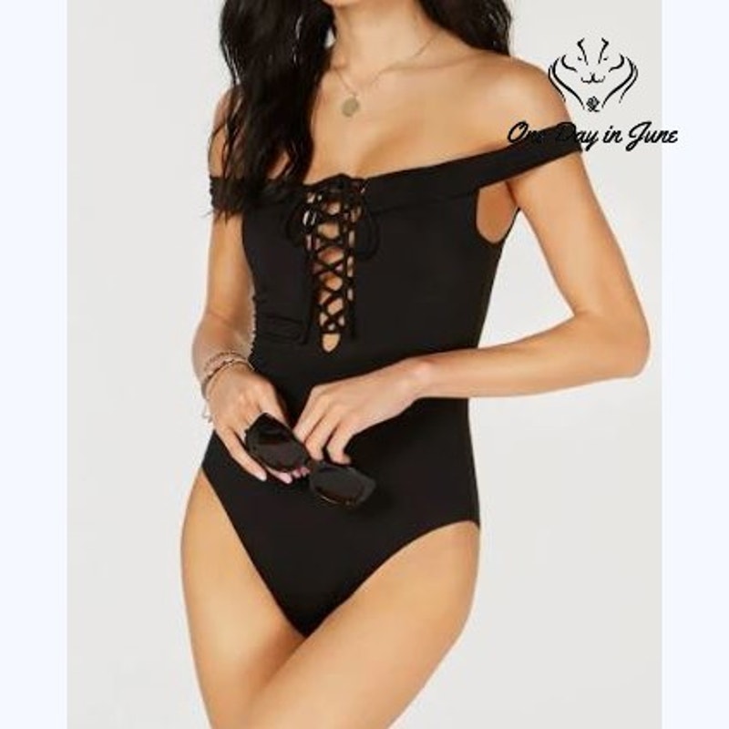 Bar III Core Solids Off Shoulder Lace Up One Piece Swimsuit Black NWT Size M