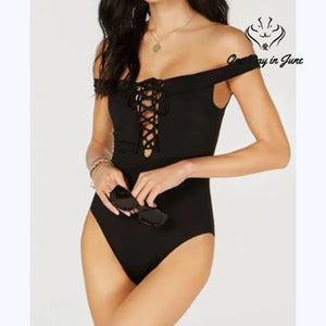 Bar III Core Solids Off Shoulder Lace Up One Piece Swimsuit Black NWT Size M