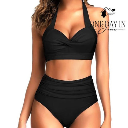 Tempt Me Twist Front Halter High Waisted Bikini Swimsuit Black NWT Size S