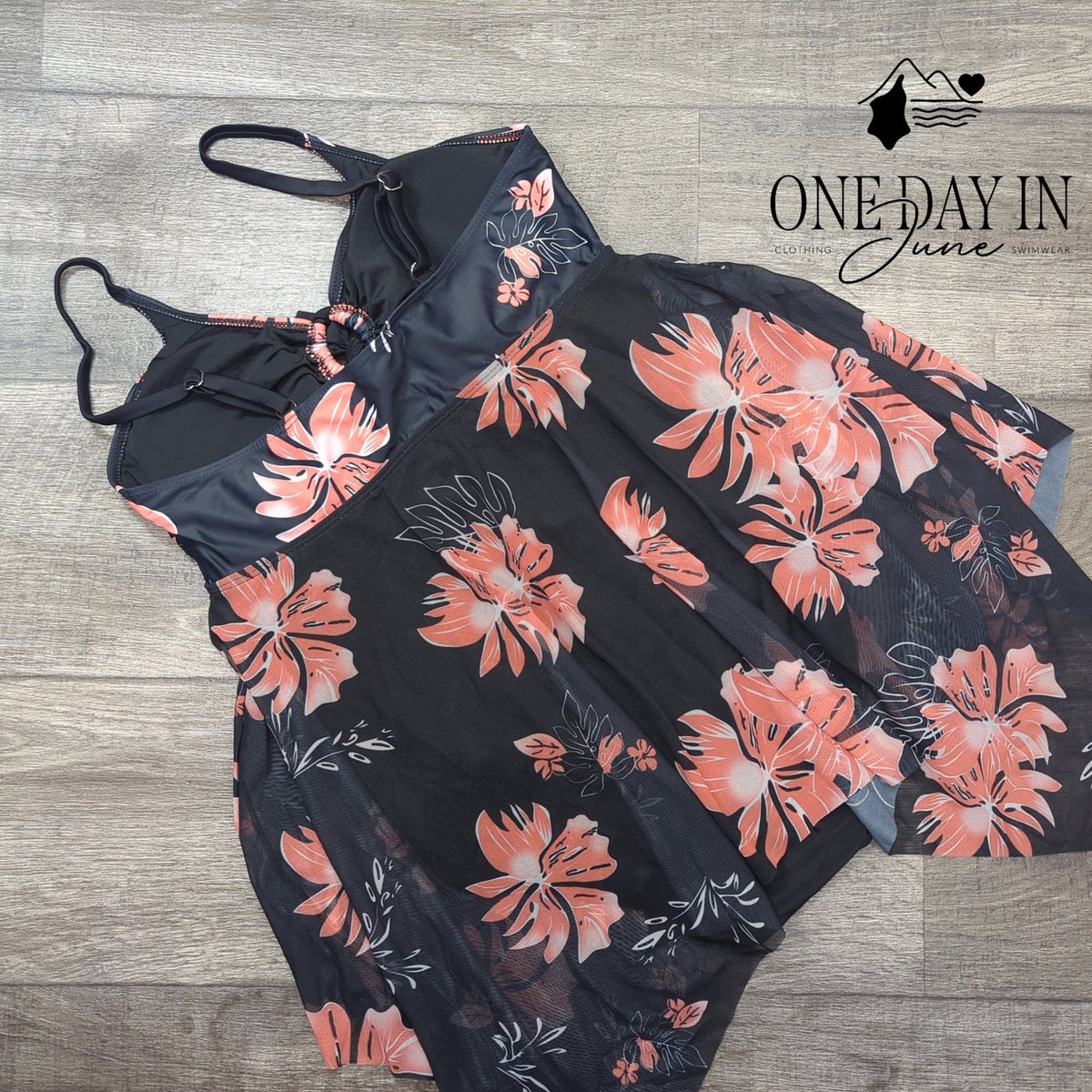 CharmLeaks Floral Mesh Swimdress One Piece Swimsuit Black Coral Size L