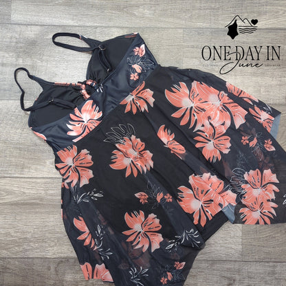 CharmLeaks Floral Mesh Swimdress One Piece Swimsuit Black Coral Size L