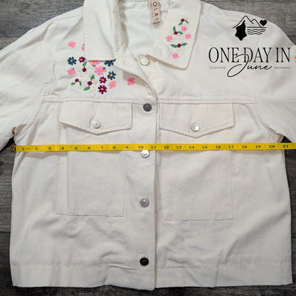 Dolan Anthropologie Floral Embroidered Denim Jacket Cream Size L
