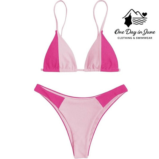 Zaful Triangle Ribbed Color Block Bikini Swimsuit Size M