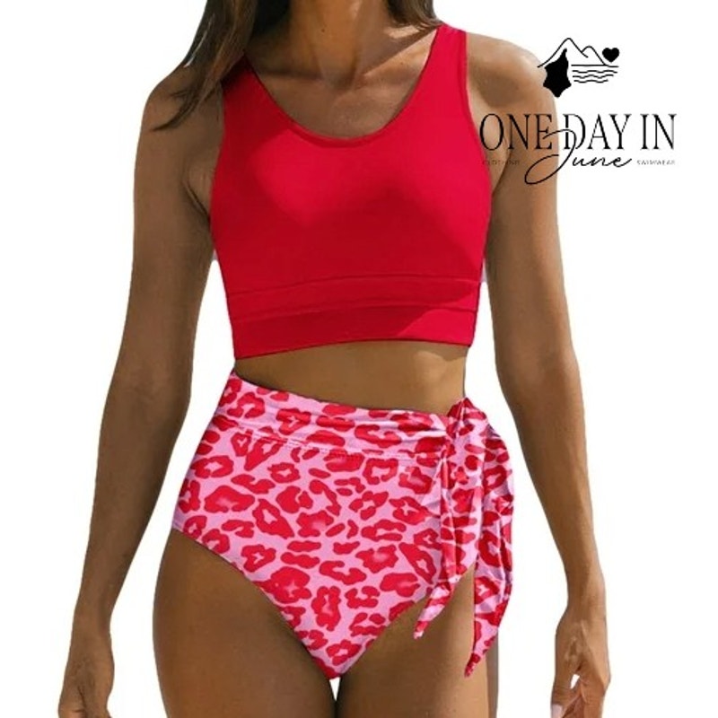 Dokotoo Red Crop Top High Waist Pink Leopard Bikini Swimsuit NWT Size XL
