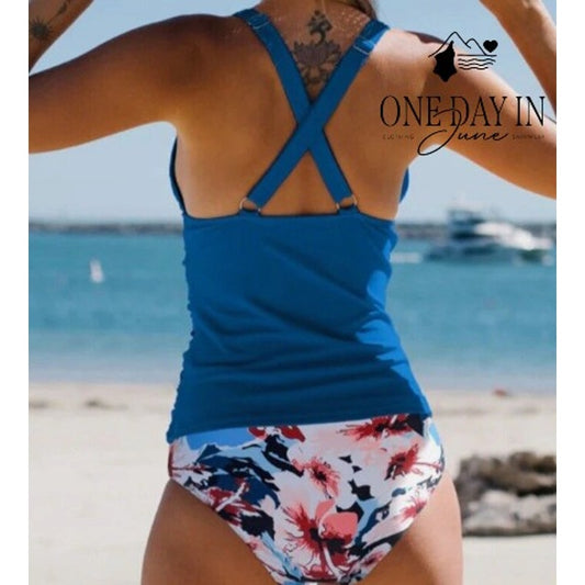 Beachsissi V Neck Tummy Control Cross Back Tankini Swimsuit Floral NWT Size S
