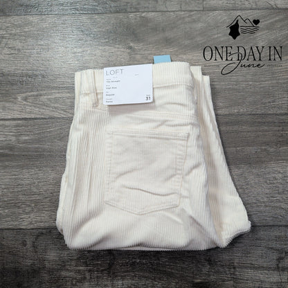 Loft The Straight High Rise Corduroy Pants Ivory NWT Size 12P (31P)