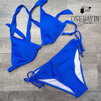 Adisputent Triangle Halter Tie Side Bikini Swimsuit Royal Blue Size S