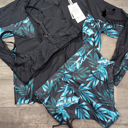 Jasambac Cross Front High Waist Rash Guard 3 Piece Bikini Swimsuit Size L