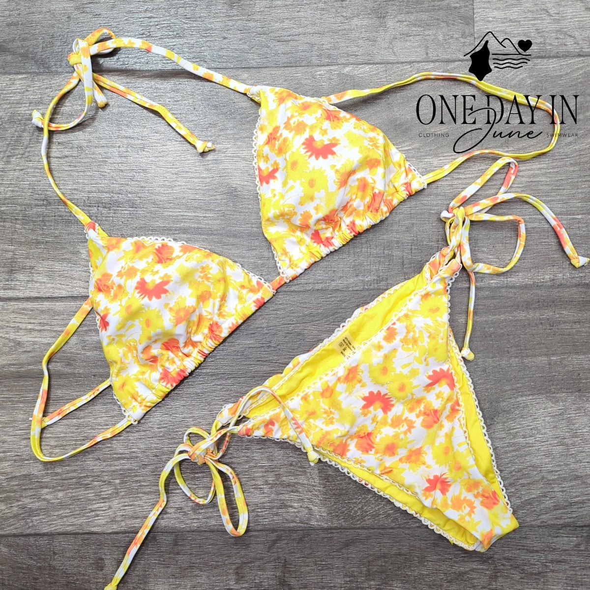 Aleumdr Floral Triangle Bikini Set Yellow Orange Halter Tie Side Swimsuit Size S