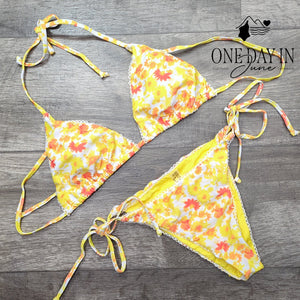 Aleumdr Floral Triangle Bikini Set Yellow Orange Halter Tie Side Swimsuit Size S