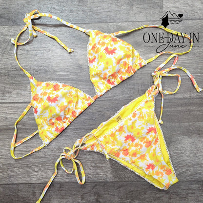 Aleumdr Floral Triangle Bikini Set Yellow Orange Halter Tie Side Swimsuit Size S