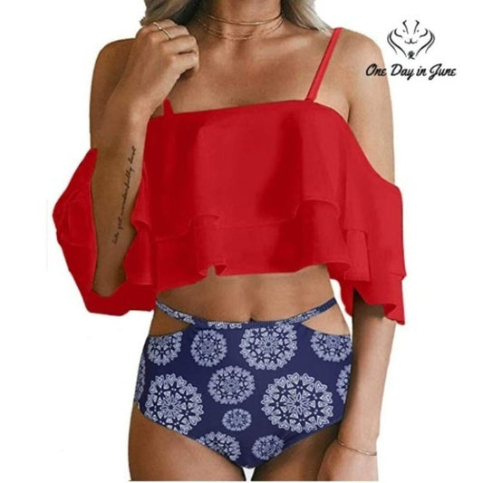 Tempt Me High Waist Off Shoulder Ruffled Bikini Size M