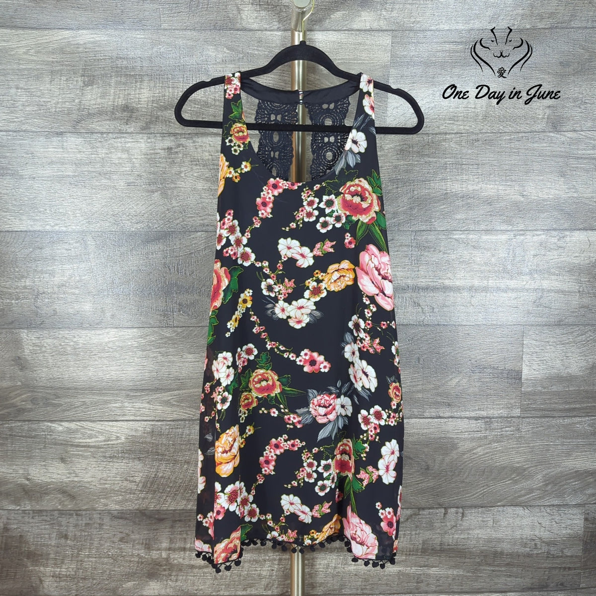 Double Zero Black Floral Crochet Lace Open Back Pom Pom Mini Dress NWT Size M