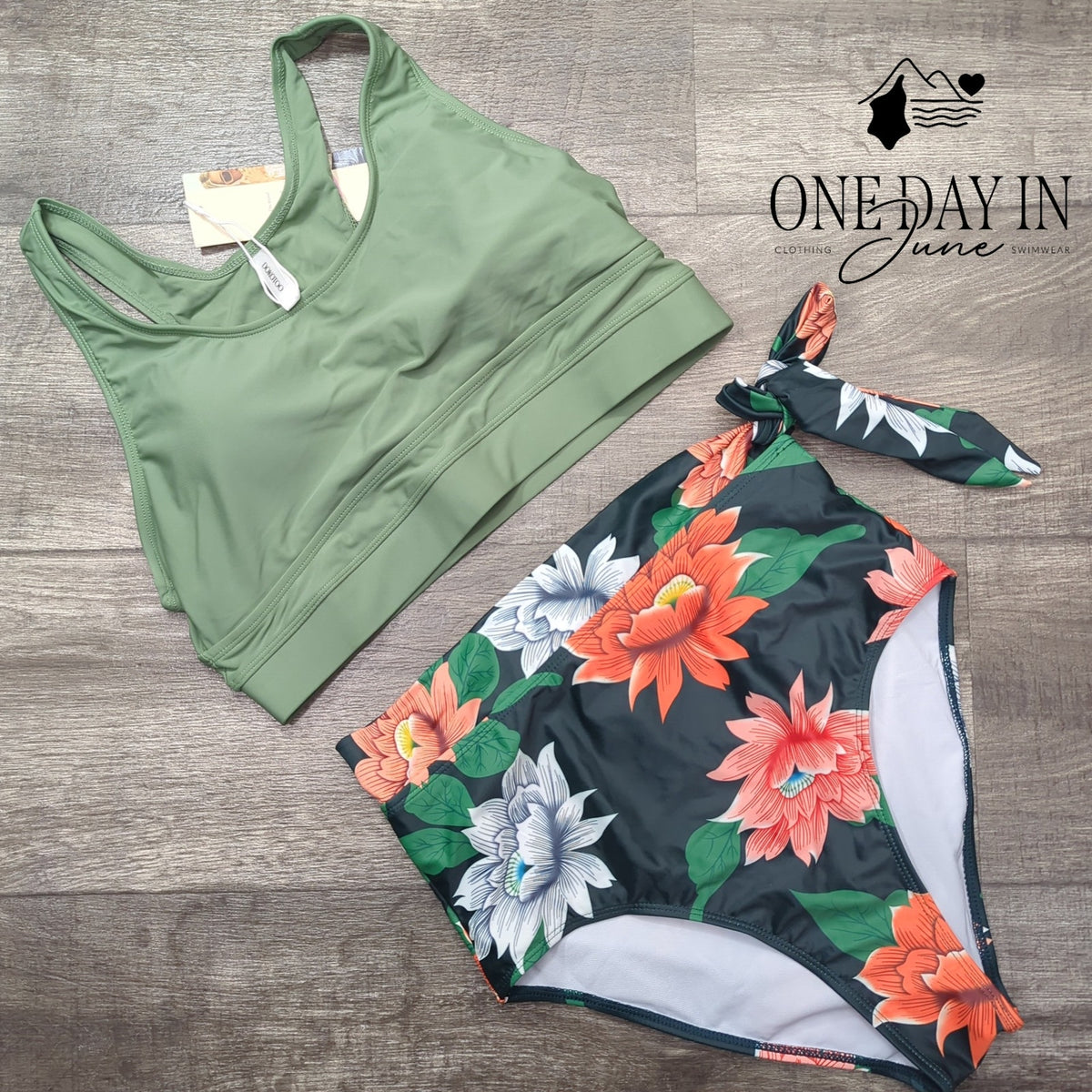 Dokotoo Crop Top High Waist Floral Bikini Swimsuit Green NWT Size M