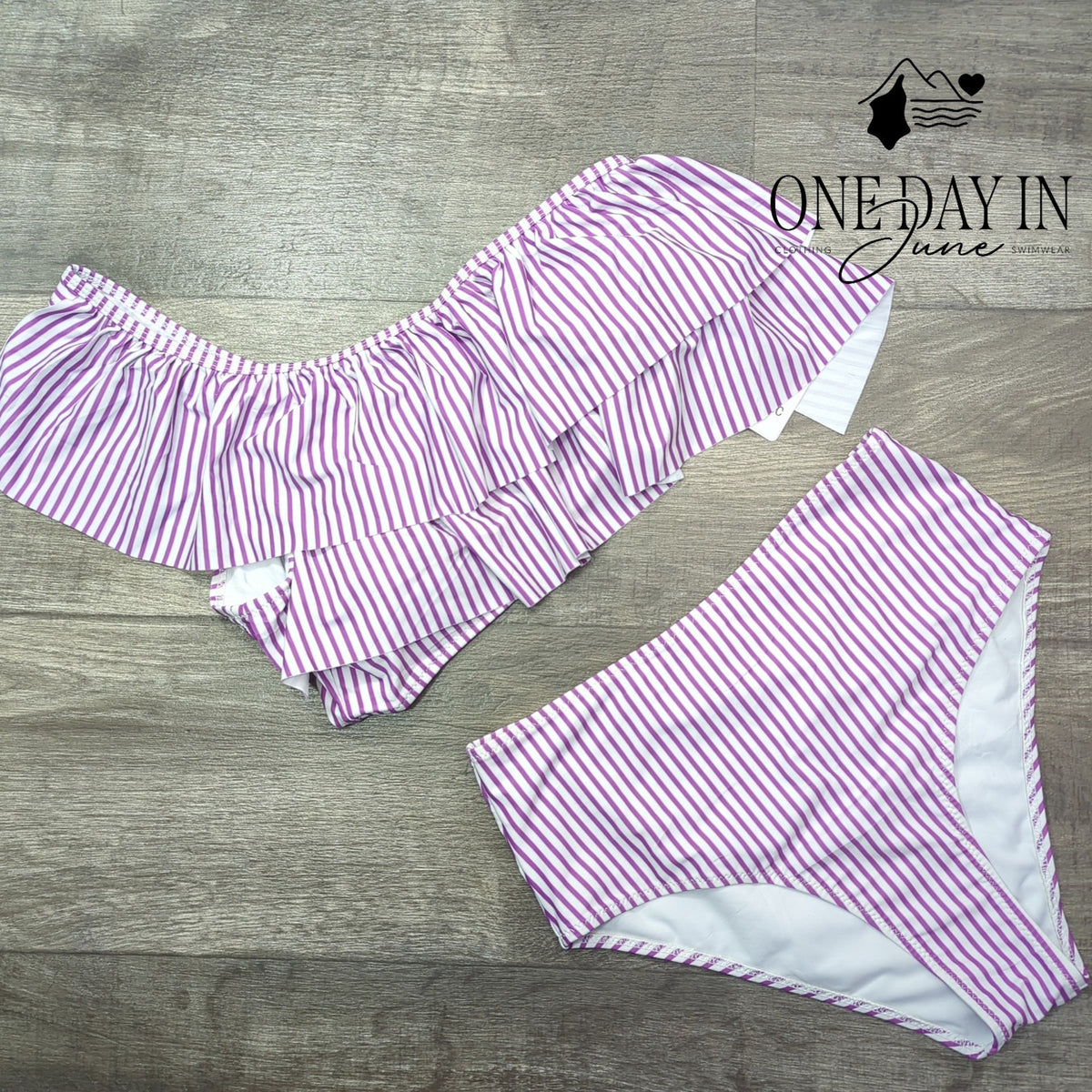 Vimpunec One Shoulder Ruffle High Waist Bikini Purple Stripe NWT Size M