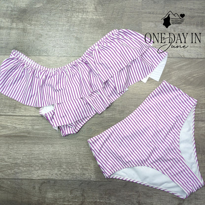 Vimpunec One Shoulder Ruffle High Waist Bikini Purple Stripe NWT Size M