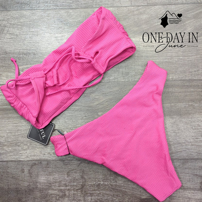 Zaful Bandeau Ribbed Tie Back Bikini Swimsuit Size M