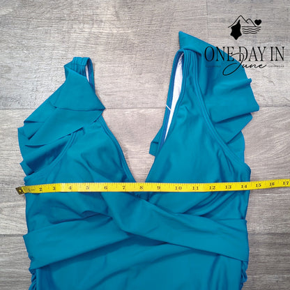 B2Prity Ruffle Cutout V Neck One Piece Swimsuit Teal NWT Size M