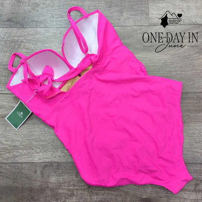 Eomenie Tie Back Molded Cup One Piece Swimsuit Hot Pink Ruched NWT Size L