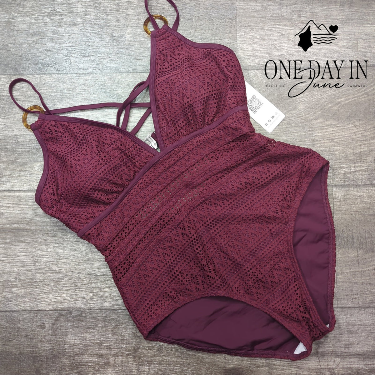 Charmo V Front One Piece Swimsuit Burgundy Crochet Lace NWT Size L