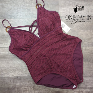 Charmo V Front One Piece Swimsuit Burgundy Crochet Lace NWT Size L