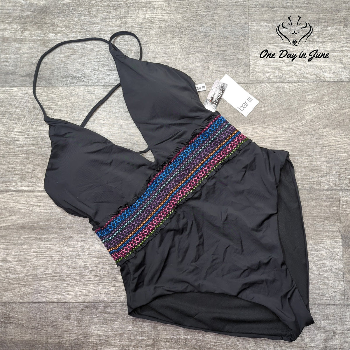 Bar III Smocking Solids Plunge One Piece Swimsuit Black Rainbow NWT Size L
