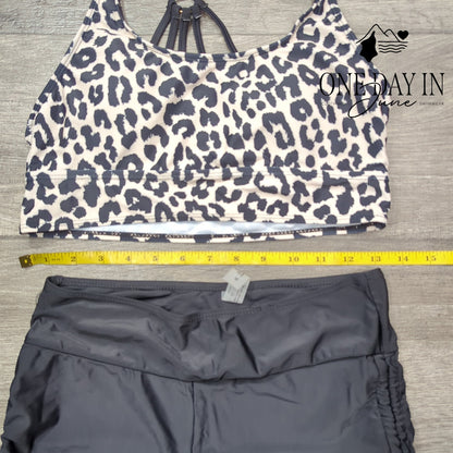 CharmLeaks Leopard Crop Bikini Swimsuit Black Drawstring Shorts Size M