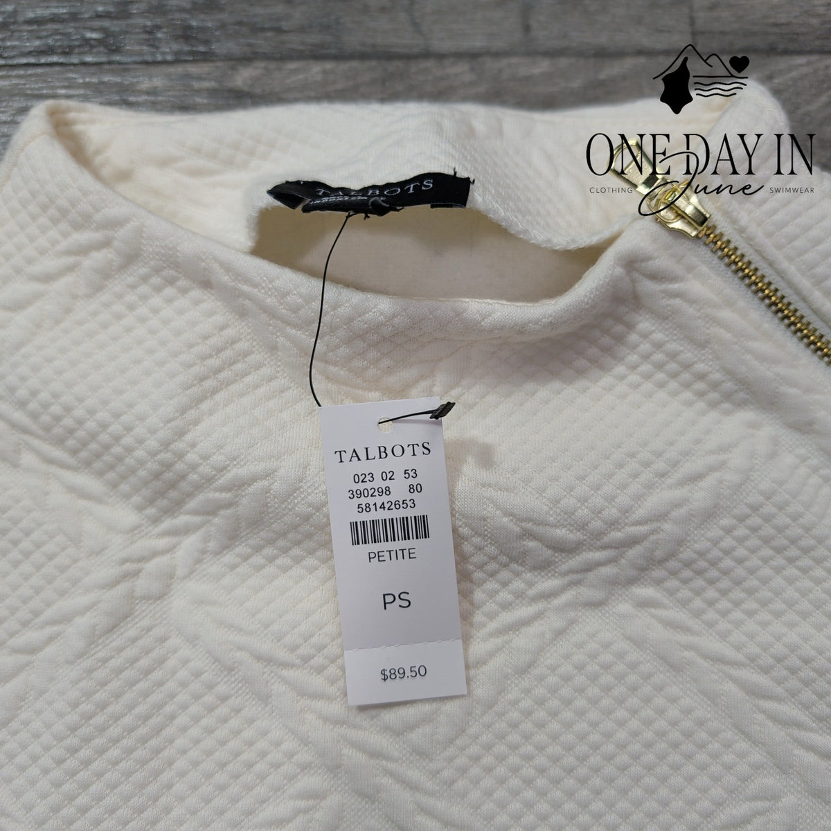 Talbots Petite Textured Jacquard Sweatshirt Side Zip Ivory NWT $89.50 Size PS