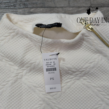 Talbots Petite Textured Jacquard Sweatshirt Side Zip Ivory NWT $89.50 Size PS