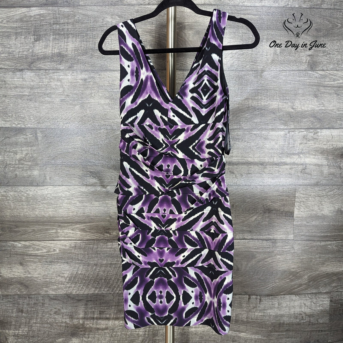 Bisou Bisou Michele Bohbot Tiered Bodycon Mini Dress Purple Black NWT Size 6