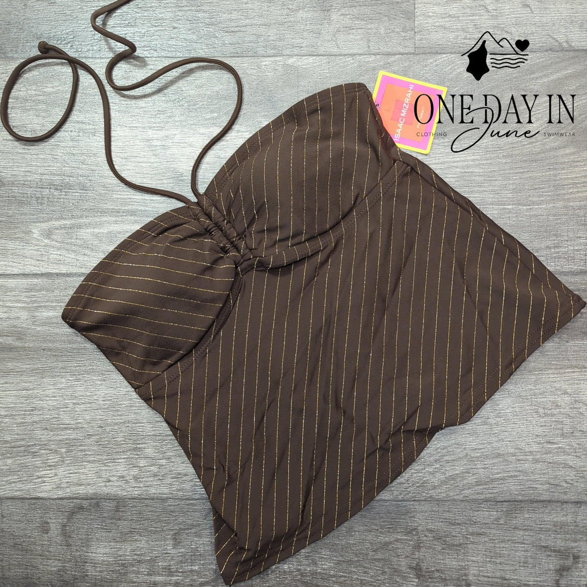 Isaac Mizrahi Halter Tankini Swim Top Brown Gold Pinstripe Padded NWT Size S