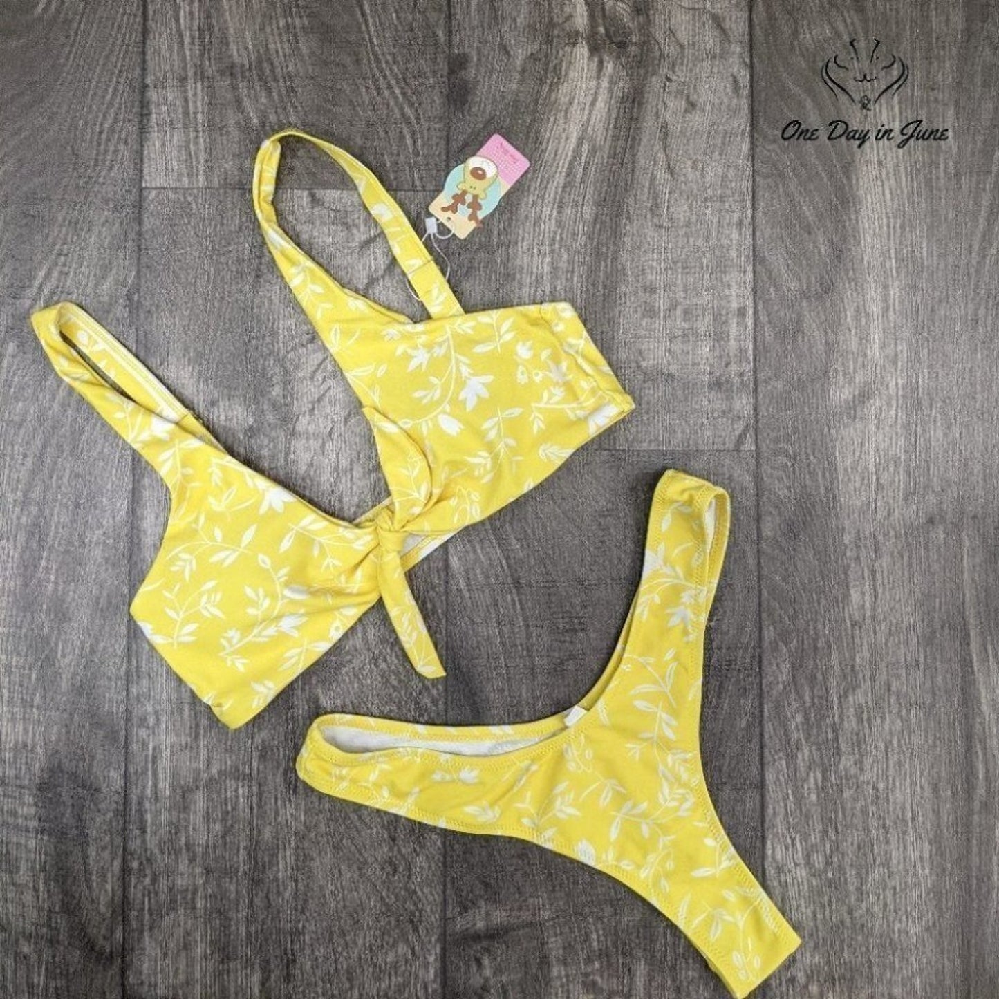 Deer Mum Tie Front Thong Bikini Swimsuit Size M