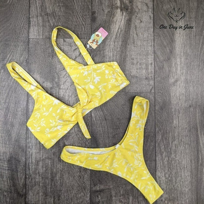 Deer Mum Tie Front Thong Bikini Swimsuit Size M