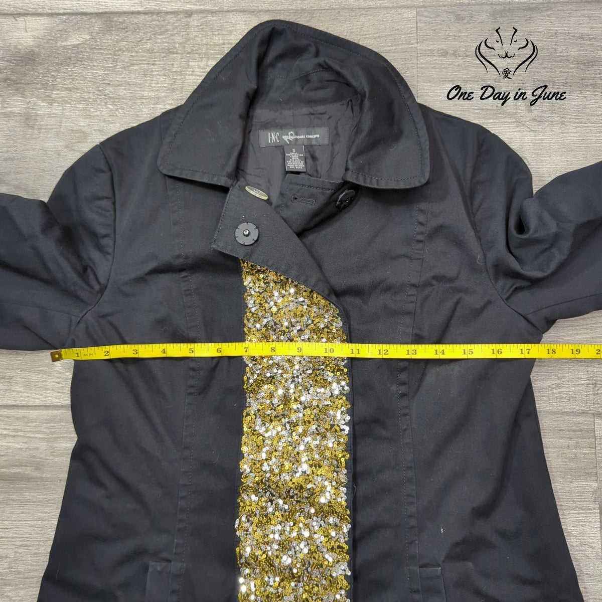 INC International Concepts Black Trench Jacket Gold Silver Sequin Trim Size S
