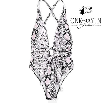 SweatyRocks Snakeskin Deep V Neck Wrap Tie One Piece Swimsuit NWT Size XL