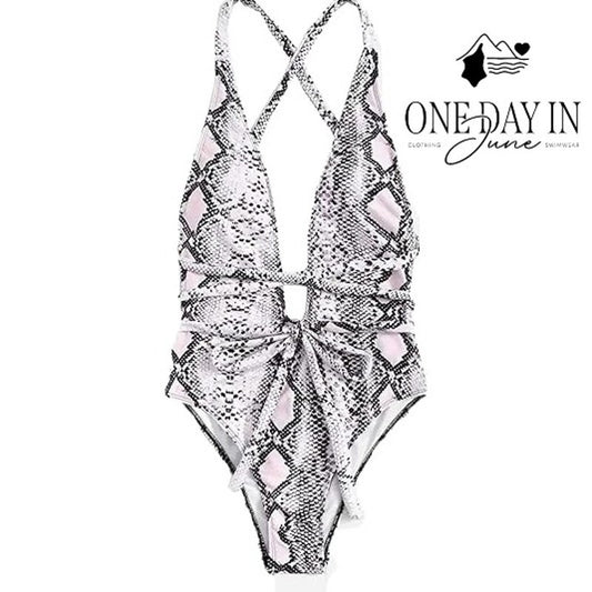 SweatyRocks Snakeskin Deep V Neck Wrap Tie One Piece Swimsuit NWT Size XL
