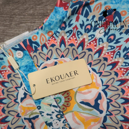 Ekouaer Mandala Print Pajama Shorts Set Size S Blue Boho V Neck NWT Size S