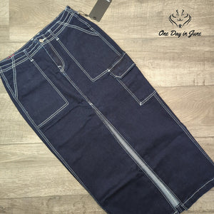 True Religion Denim Cargo Maxi Skirt Dark Wash Body Rinse NWT Size 28 (6)