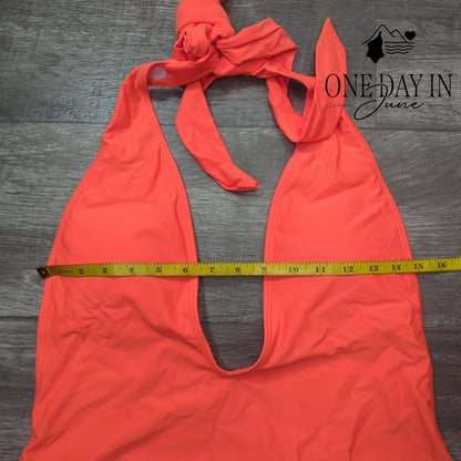 SweatyRocks Deep V Neck Tie Halter One Piece Swimsuit Coral Orange Size XL