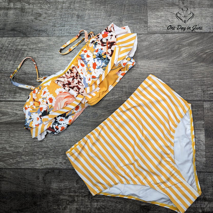Ferbia Bandeau Bikini Swimsuit Floral Ruffle High Waist Yellow NWT Size L