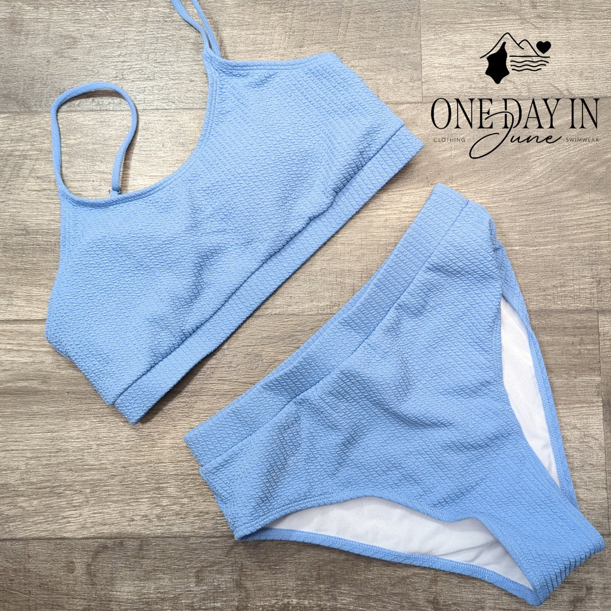 Aleumdr Textured Crop Top Bikini Swimsuit Blue High Waist 2 Piece Size L