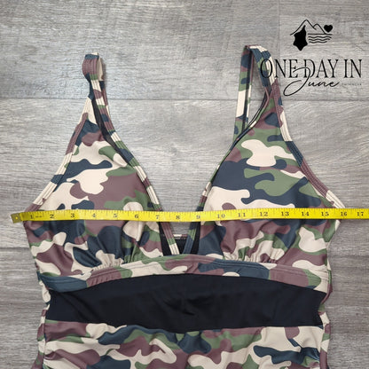 Adisputent Camo Mesh Cutout One Piece Swimsuit Plunge Neck Ruched Size L