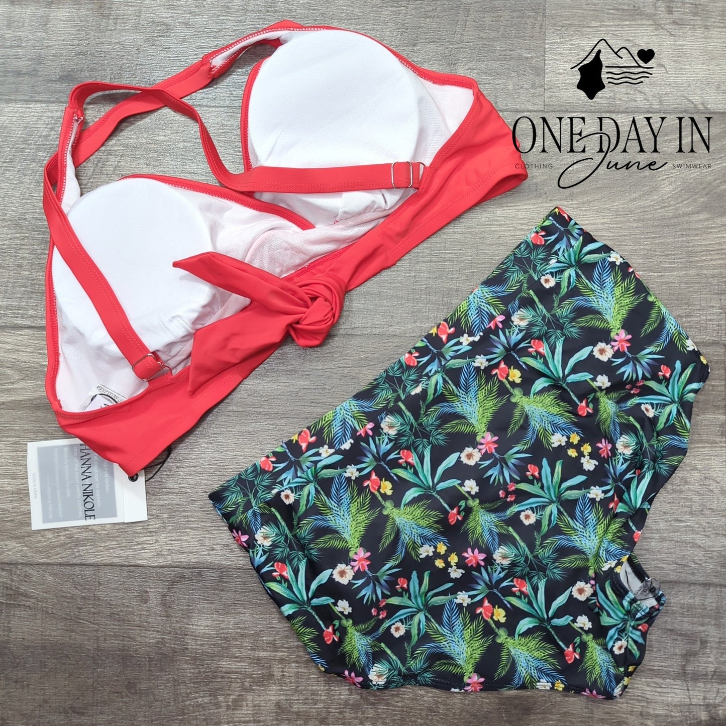 Hanna Nikole Bikini Swimsuit Coral Tropical Floral High Waist Tie NWT Size XL